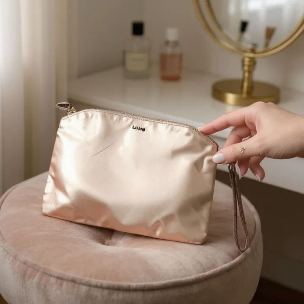 Lodis Rose Gold Metallic Leather Clutch Wristlet‎ Cosmetic Makeup Bag Toiletries